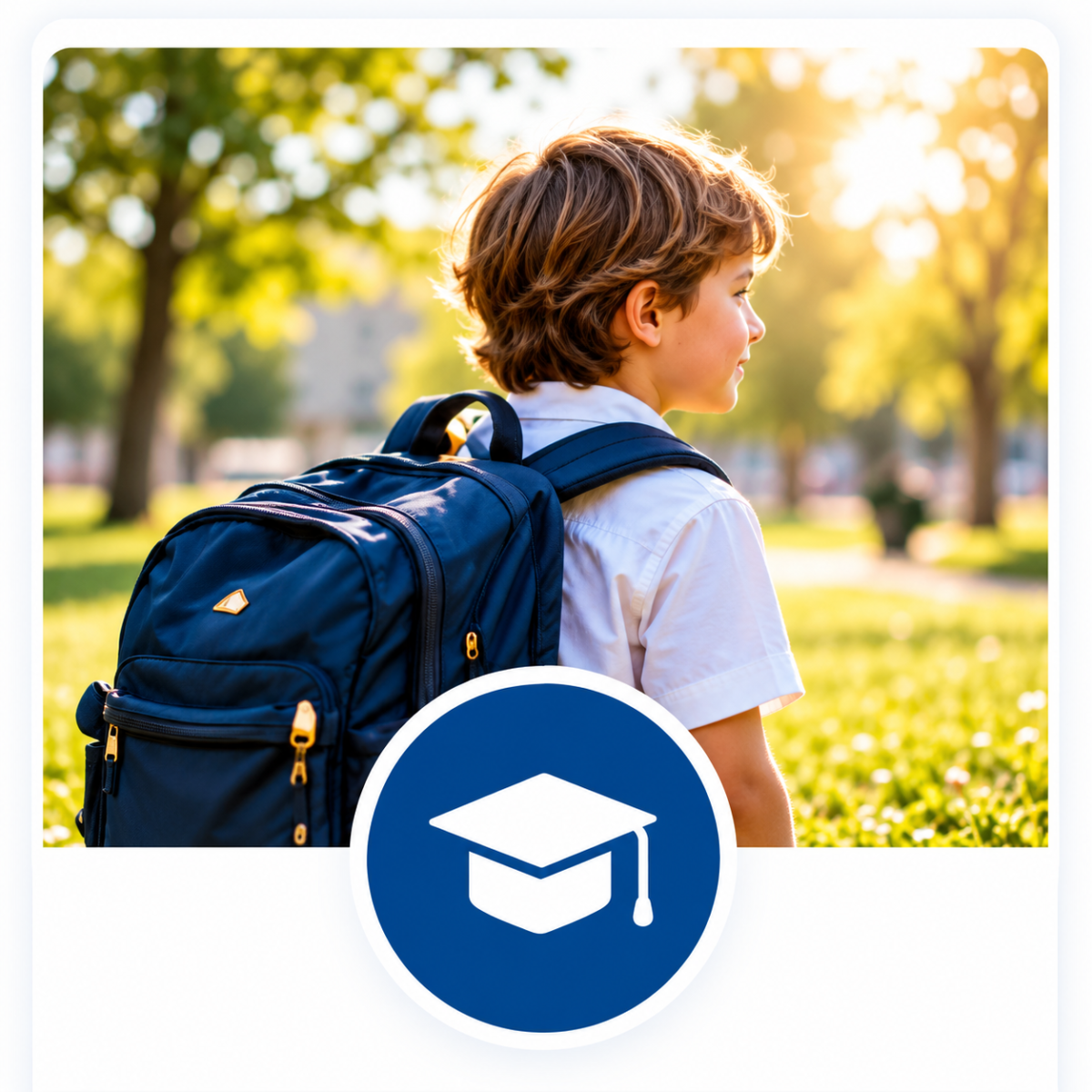 Sunlit Student with Backpack and Graduation Badge
